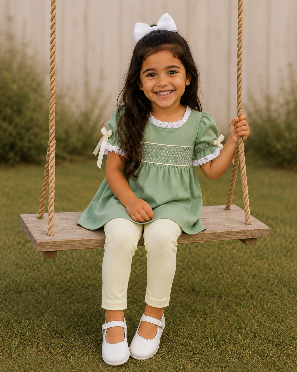 Girls' sage green smocked lace top with white collar trim and cream pants set
