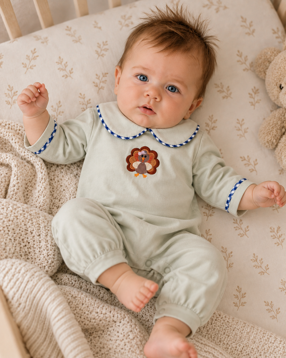 Light sage baby boy romper with blue-trim Peter Pan collar and turkey embroidery