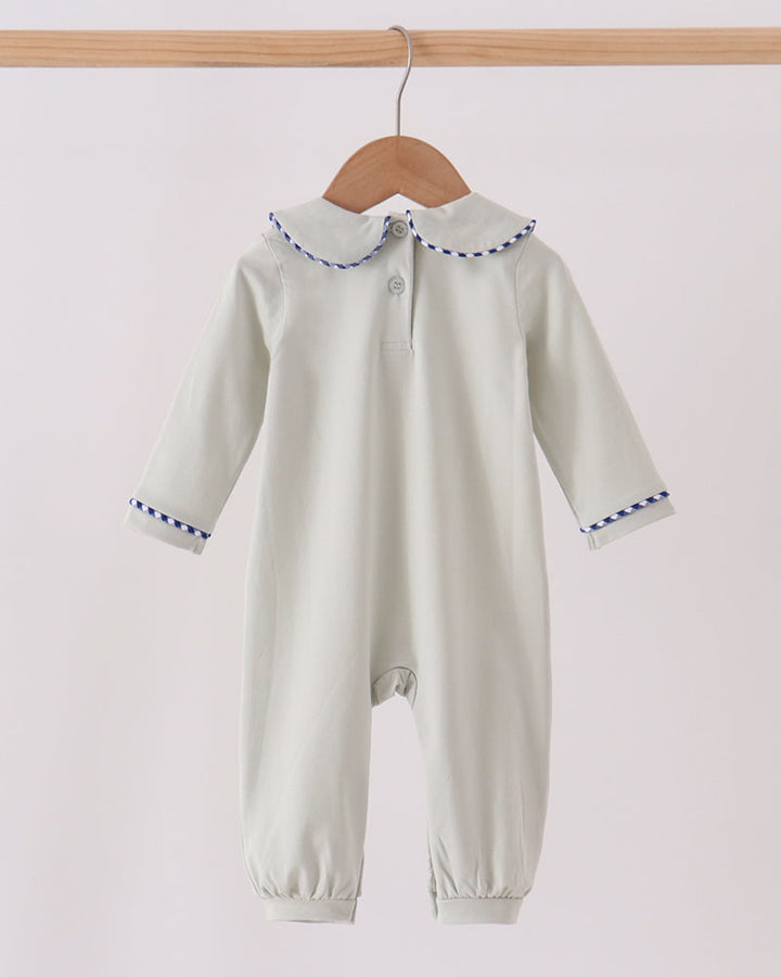 Off-white long-sleeve romper with blue gingham-trim peter pan collar