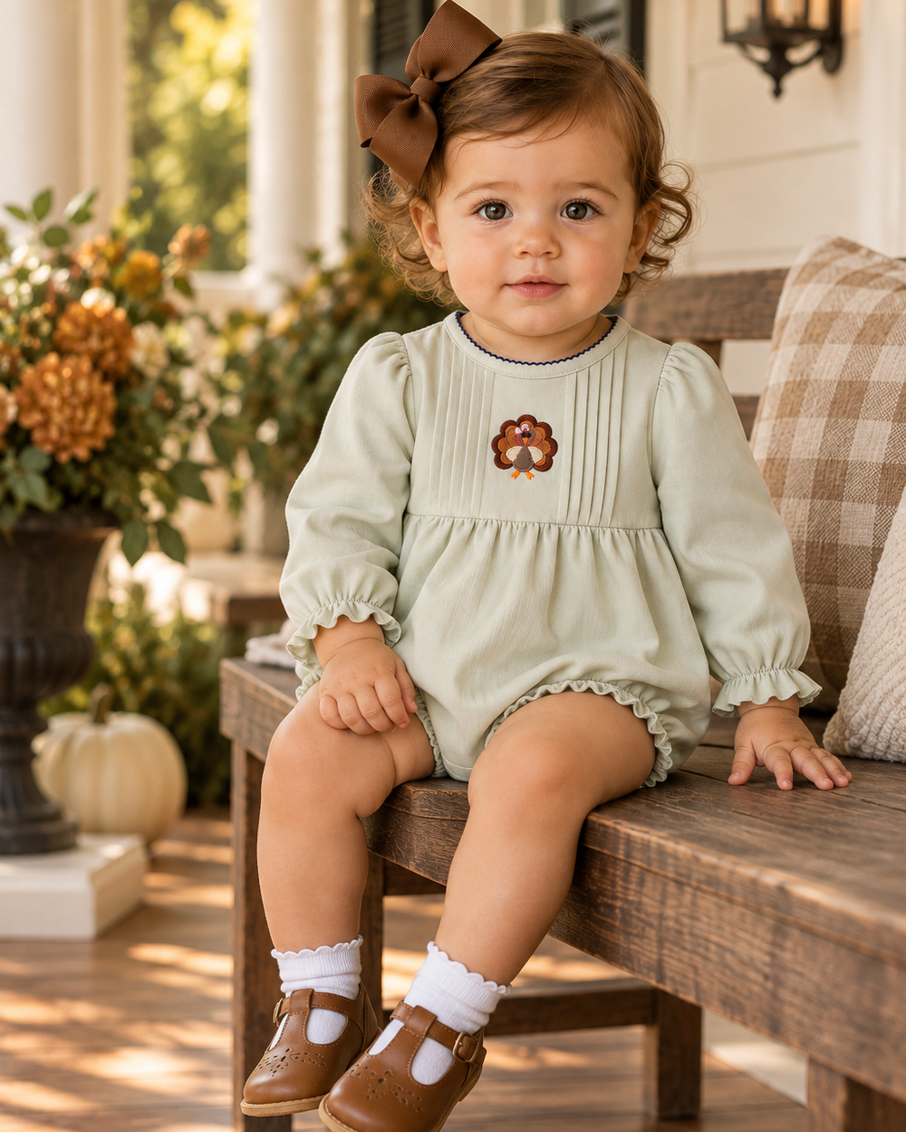 Light sage baby romper with puff sleeves and ribbed collar, turkey embroidery at chest, snap bottom