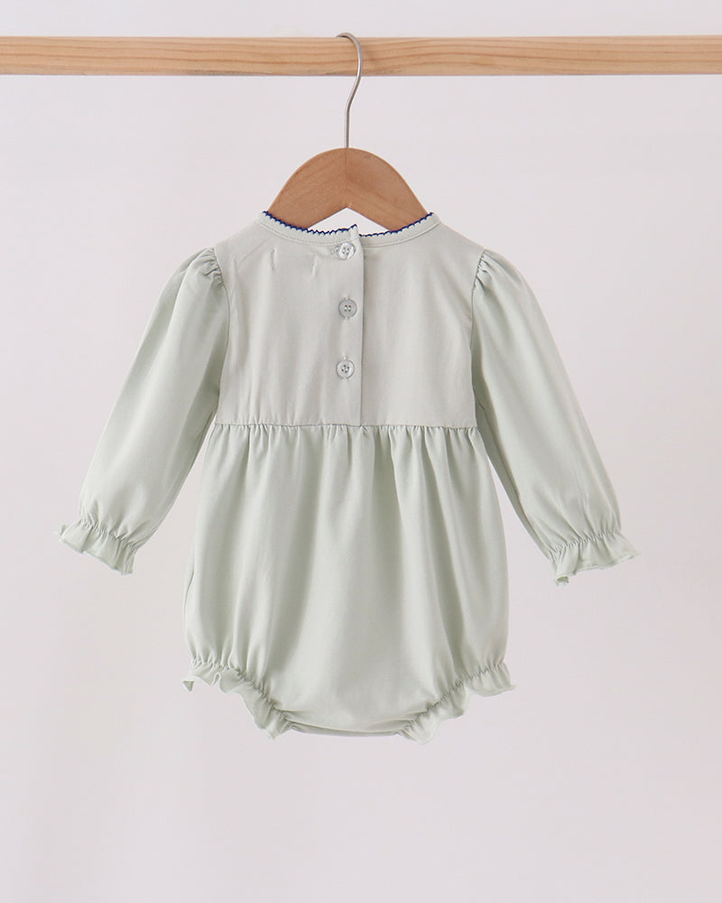 Sage green long-sleeve bubble romper with button placket and elastic legs