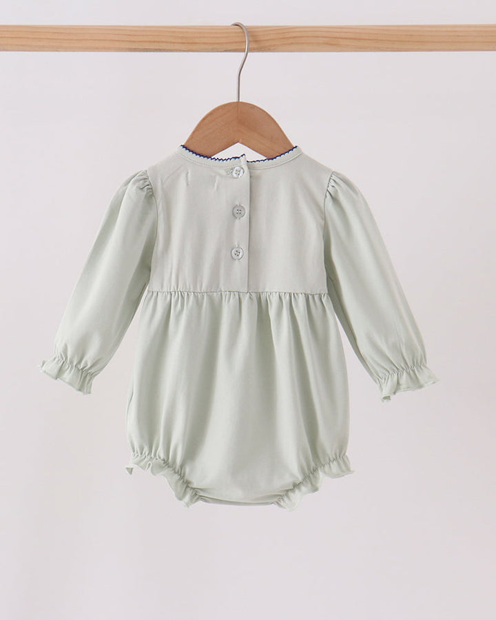 Sage green long-sleeve bubble romper with button placket and elastic legs