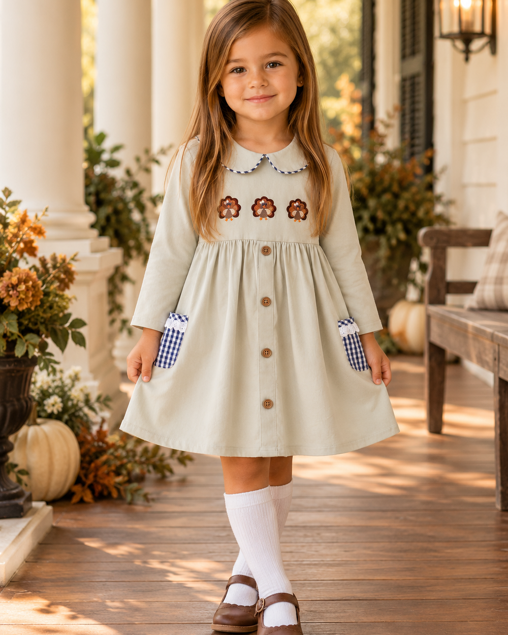 Sage embroidered dress with button front, blue-trimmed collar, orange motifs, and gingham pockets
