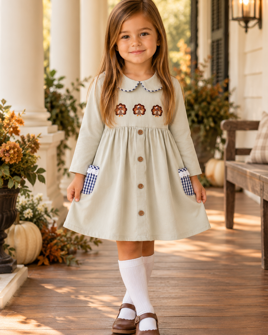 Sage embroidered dress with button front, blue-trimmed collar, orange motifs, and gingham pockets