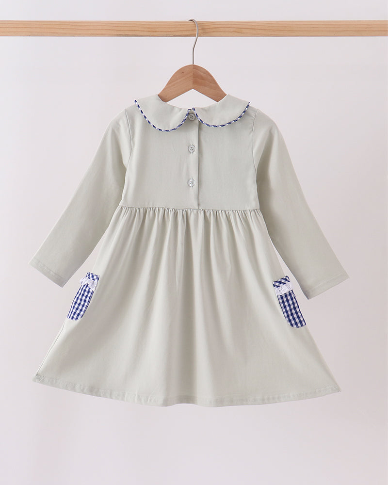 Sage turkey embroidered dress with Peter Pan collar, gingham cuffs, button front