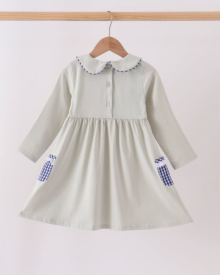 Sage turkey embroidered dress with Peter Pan collar, gingham cuffs, button front