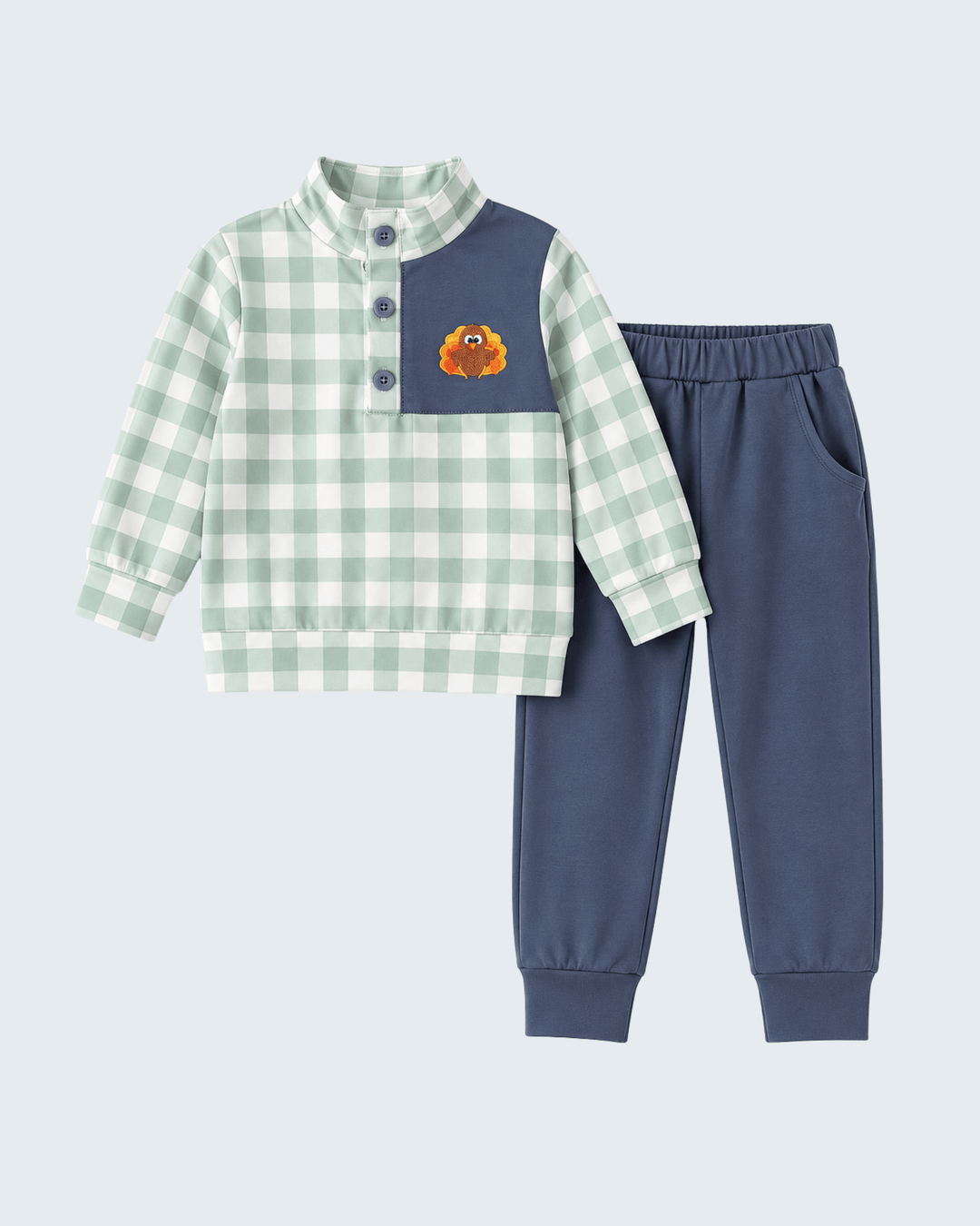 Sage Turkey Embroidered Gingham Jogger Set