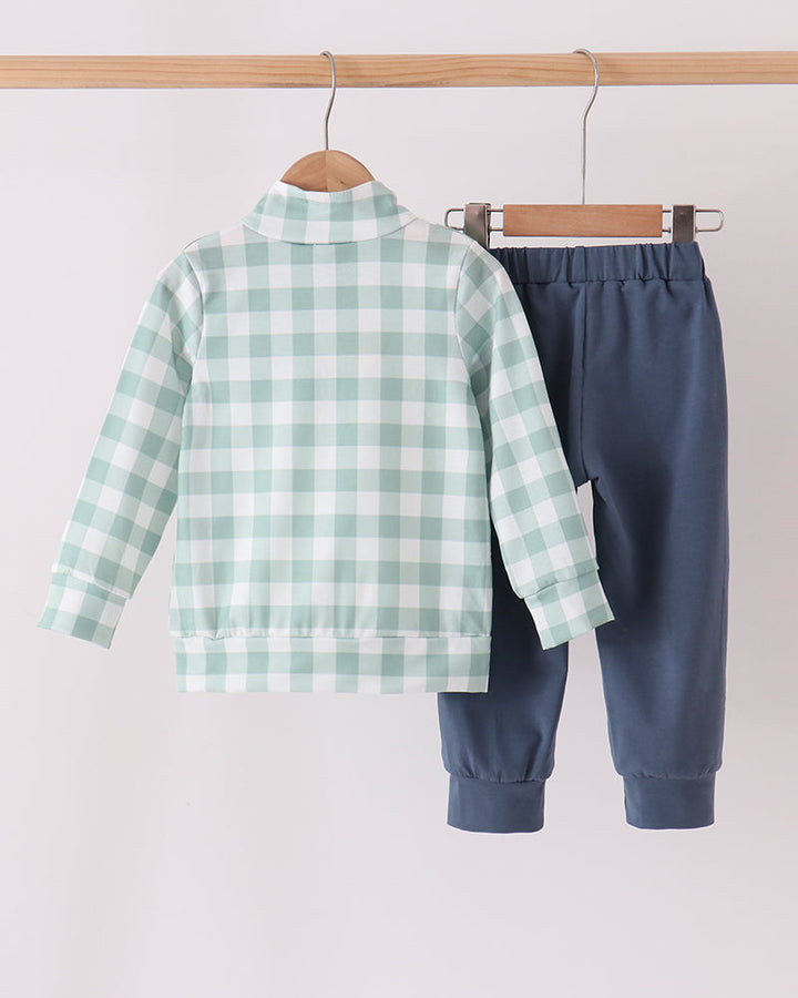 Two-piece gingham jogger set showing back of mint check top with navy pants