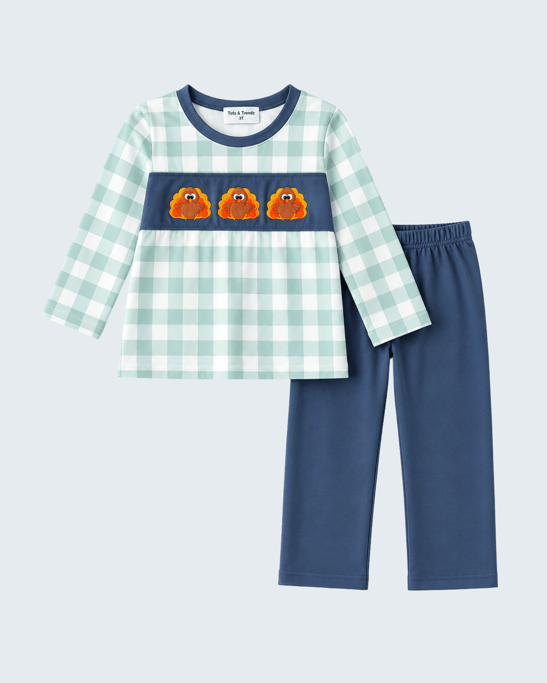 Sage Turkey Embroidered Gingham Pants Set