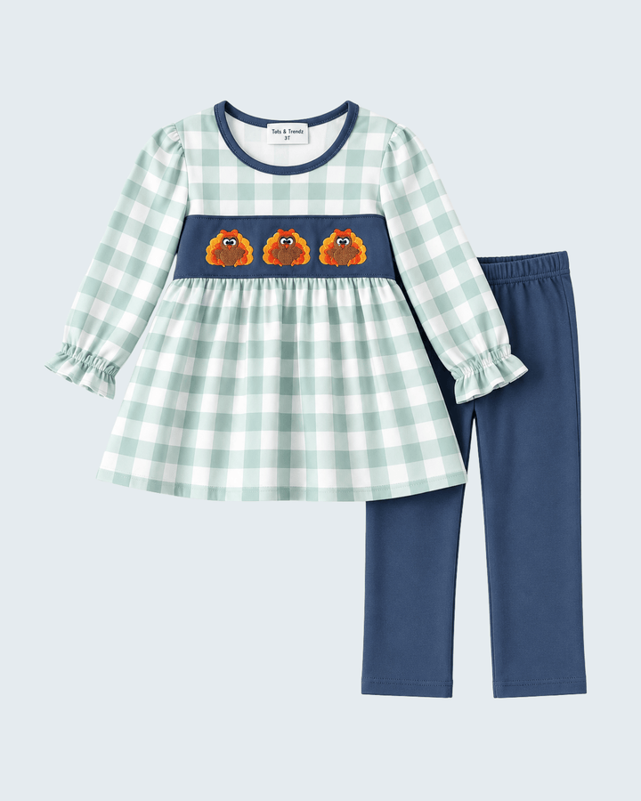 Sage Turkey Embroidered Gingham Pants Set