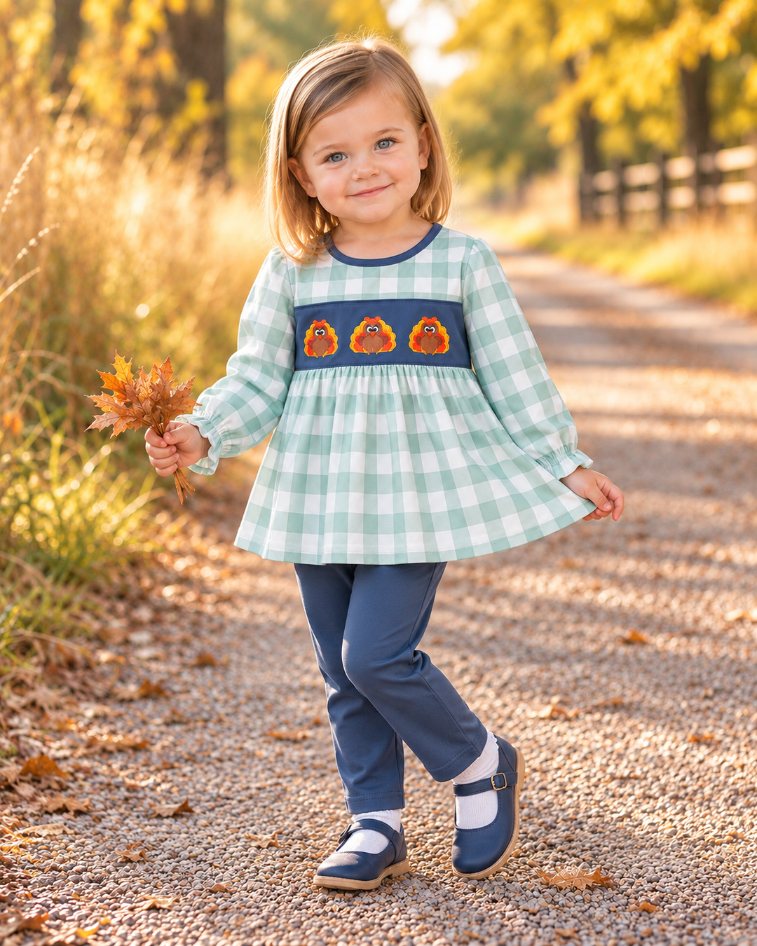 Toddler girl is wearing a Sage Turkey Embroidered Gingham Pants Set