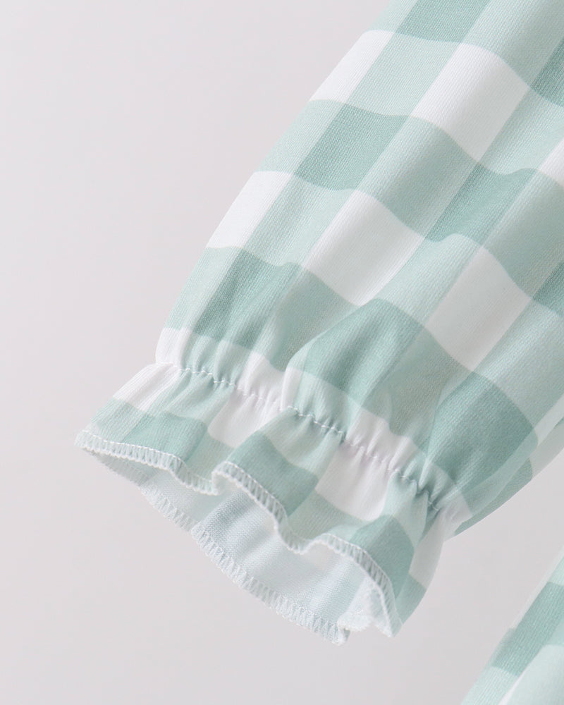 Sage gingham dress sleeve with elastic cuff and scalloped hem