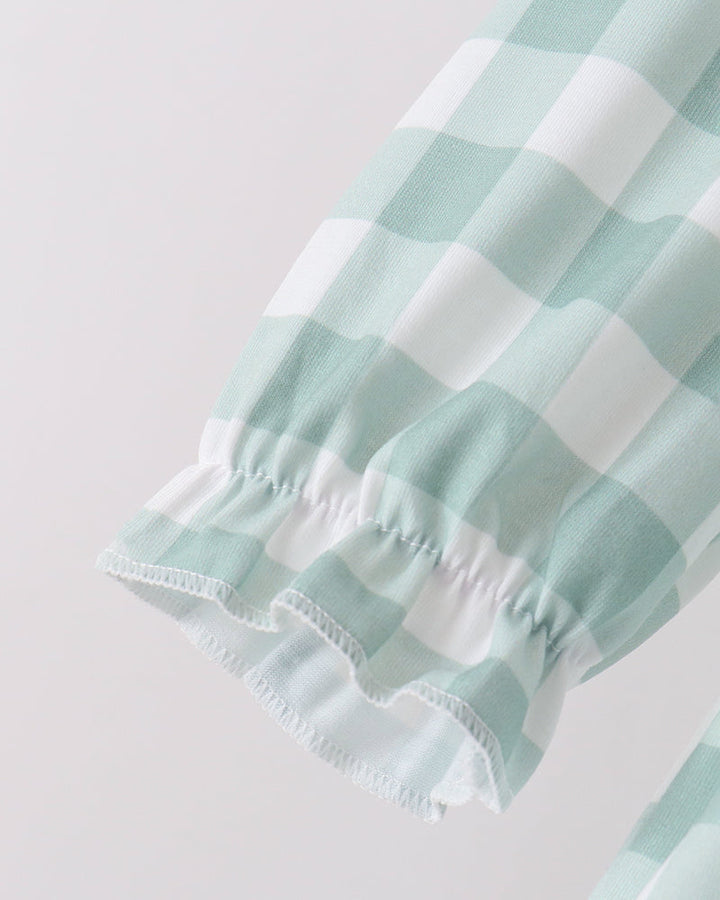 Sage gingham dress sleeve with elastic cuff and scalloped hem