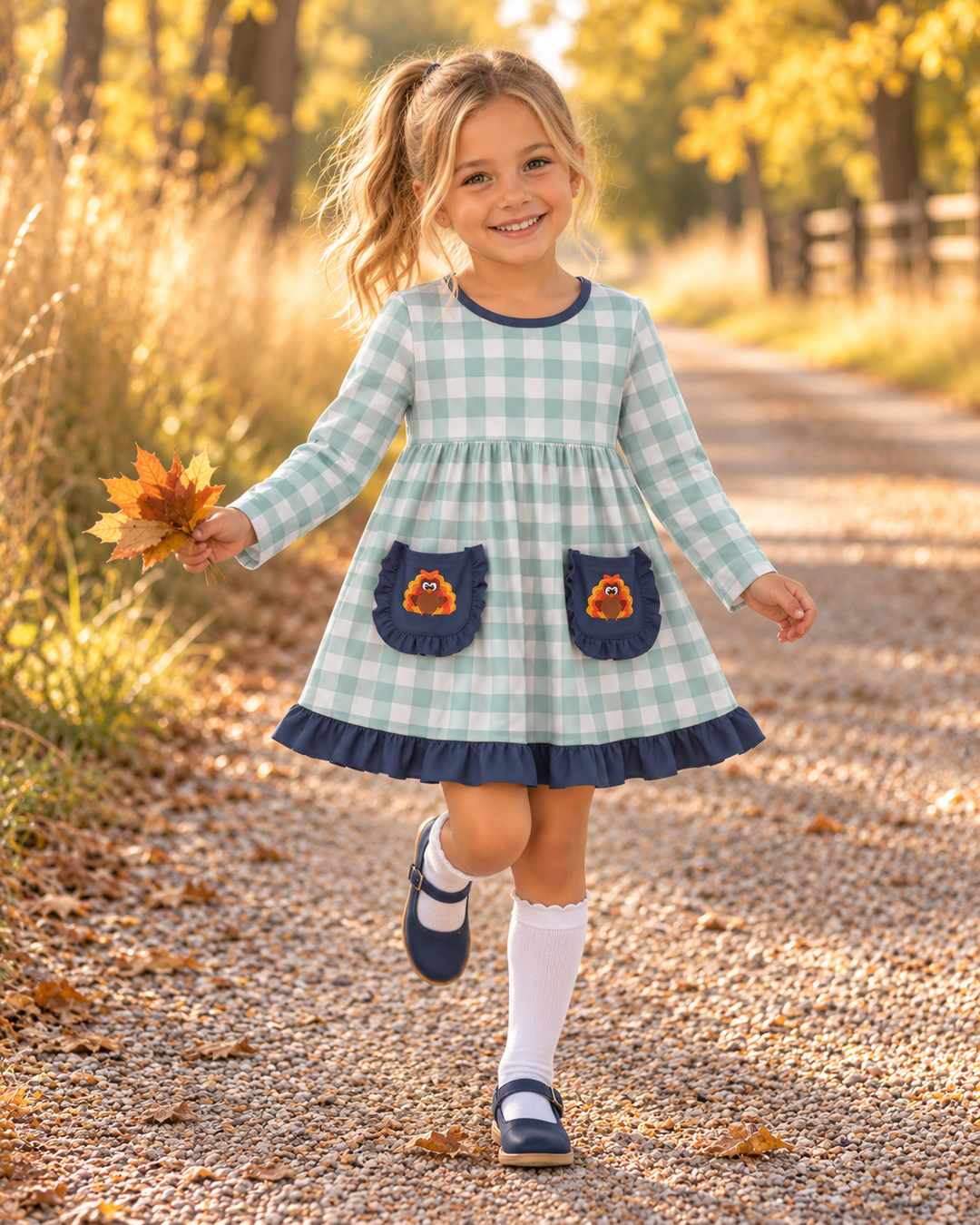 Young girl is wearing a Sage Turkey Embroidered Gingham Pocket Dress