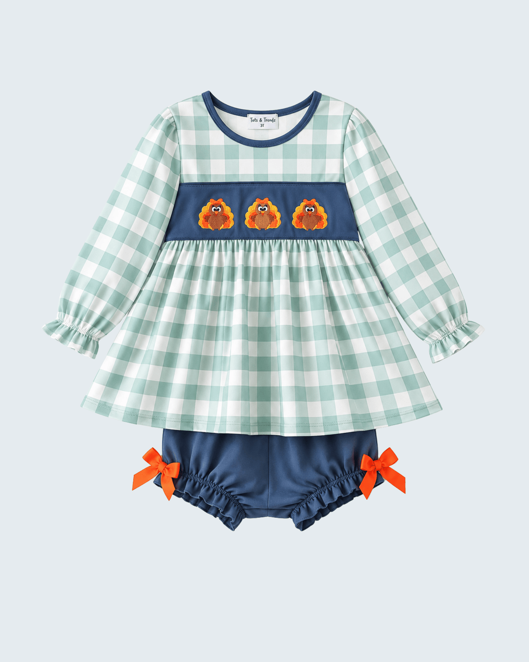 Sage Turkey Embroidered Gingham Ruffle Bloomer Set