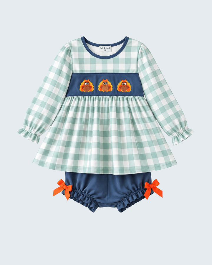 Sage Turkey Embroidered Gingham Ruffle Bloomer Set
