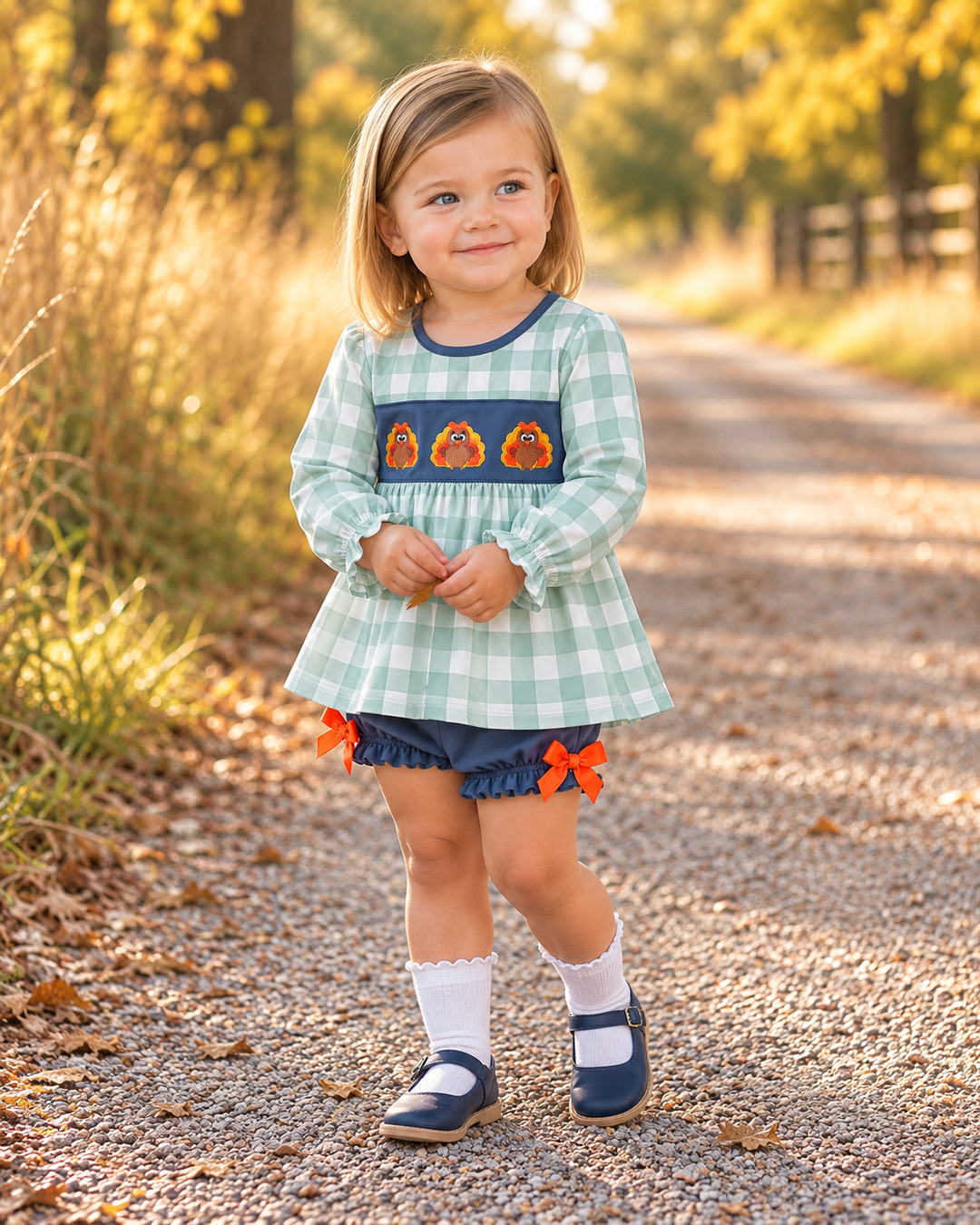 Sage Turkey Embroidered Gingham Ruffle Bloomer Set