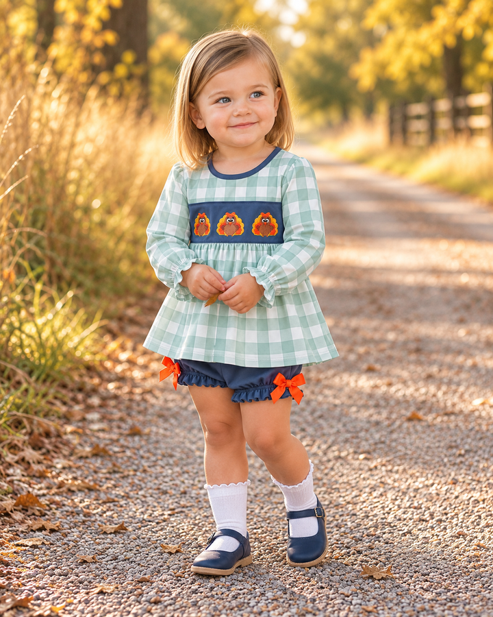 Sage Turkey Embroidered Gingham Ruffle Bloomer Set