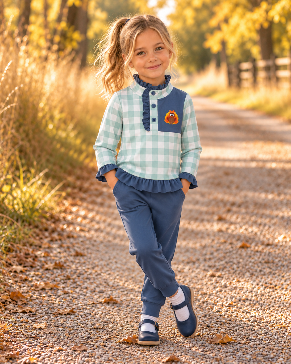 Young girl is wearing a Sage Turkey Embroidered Gingham Ruffle Jogger Set