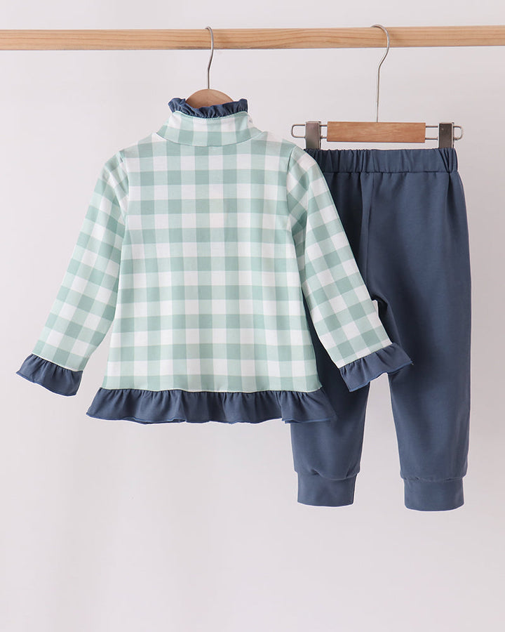 Gingham hooded ruffle top with navy jogger pants in matching two-piece set