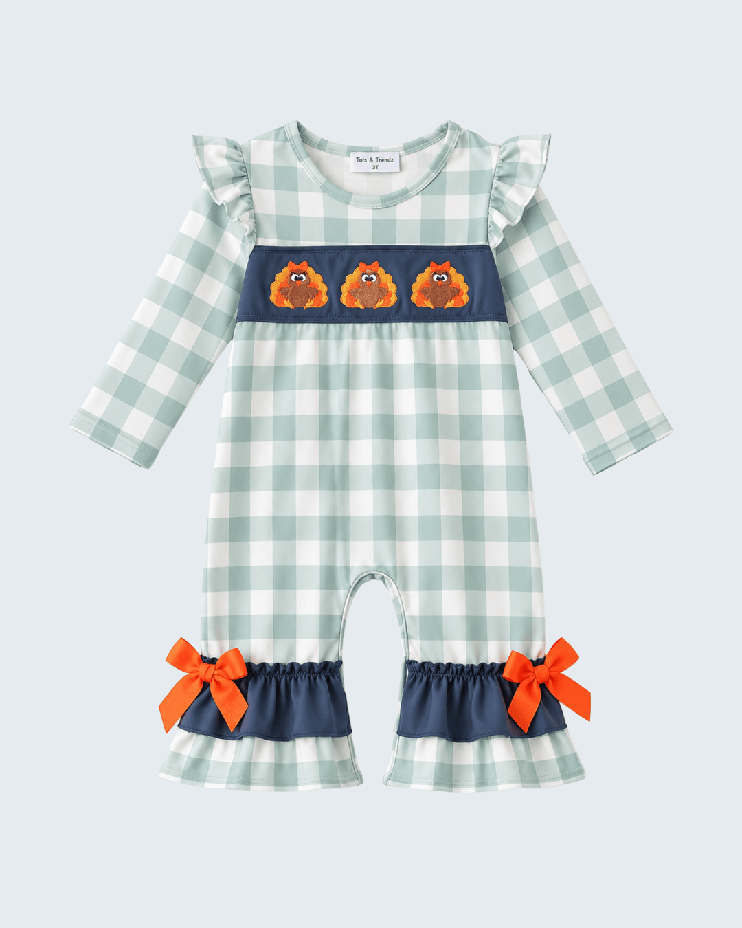 Sage Turkey Embroidered Gingham Ruffle Romper