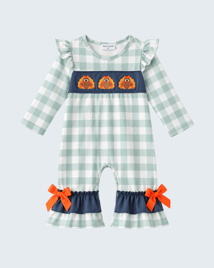 Sage Turkey Embroidered Gingham Ruffle Romper