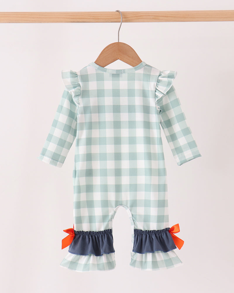 Sage Turkey Embroidered Gingham Ruffle Romper