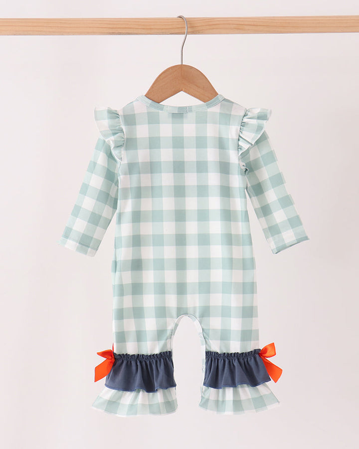 Sage Turkey Embroidered Gingham Ruffle Romper