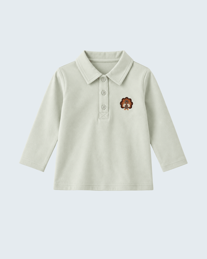 Light sage polo shirt with embroidered turkey on chest, long sleeves