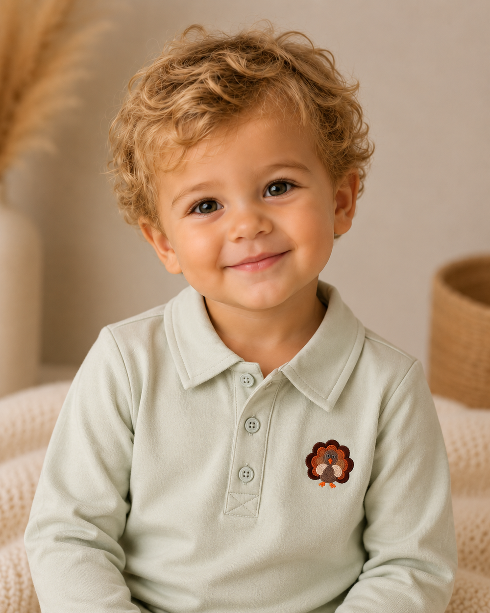 Light sage long-sleeve polo shirt with button placket and embroidered turkey chest
