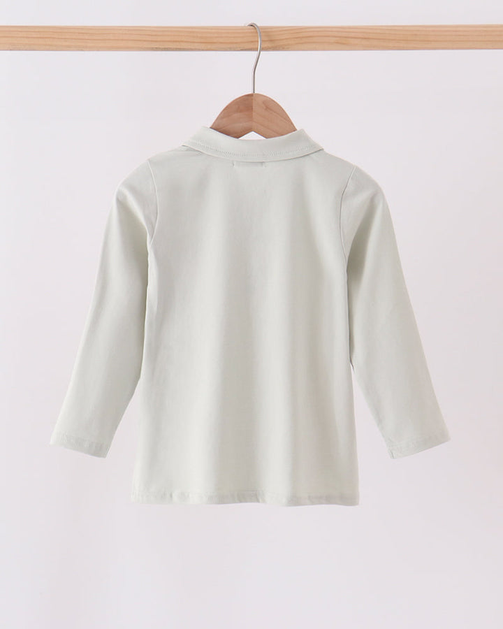Light sage toddler polo shirt back view with long sleeves