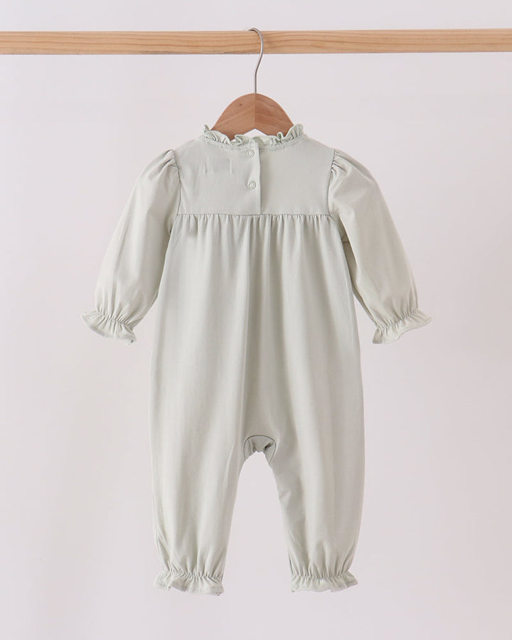 Baby long-sleeve ruffle romper with embroidered turkey, button front, footed legs