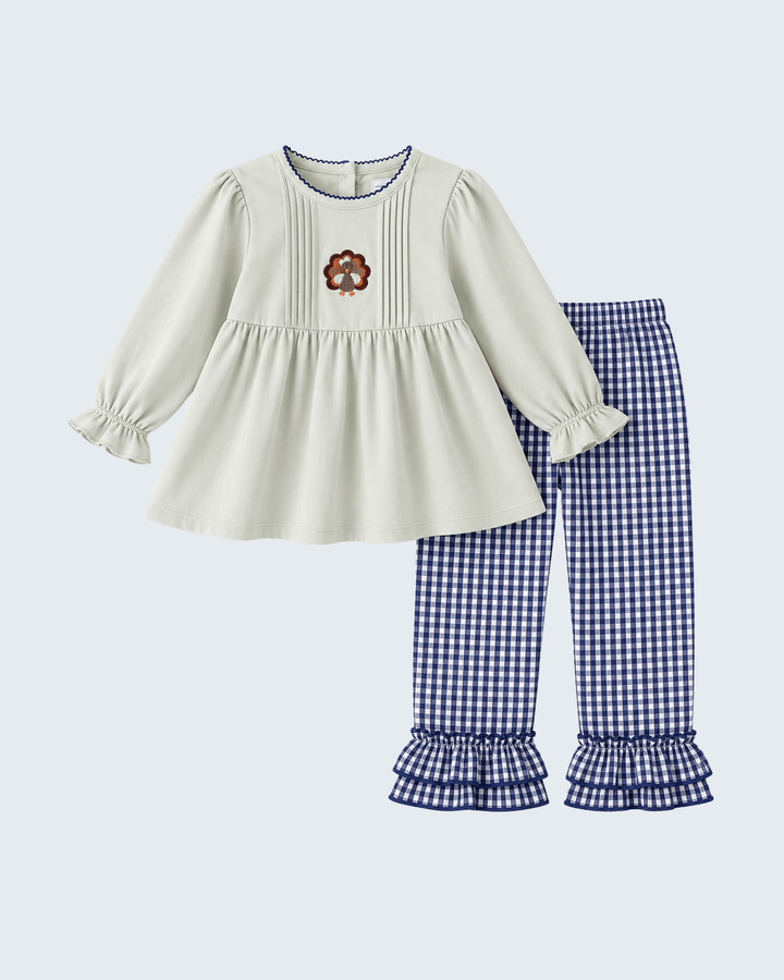 Sage embroidered ruffle tunic set with blue gingham pants, turkey chest motif, fluted cuffs