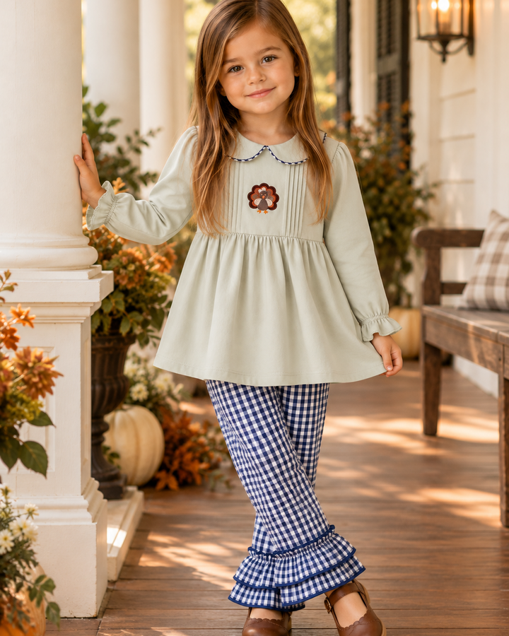 Sage embroidered ruffle tunic and blue gingham flounce-leg pants set with turkey chest motif