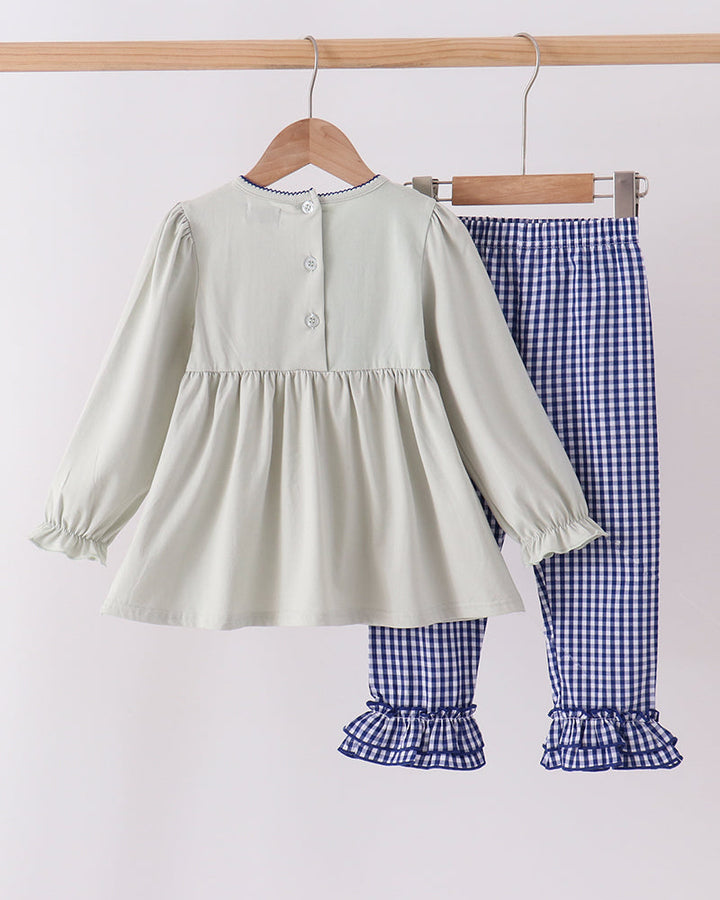 Sage button-front ruffle top and blue gingham turkey pants set, full outfit