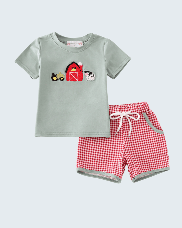Sage green boys farm embroidered shirt with gingham shorts on light grey background