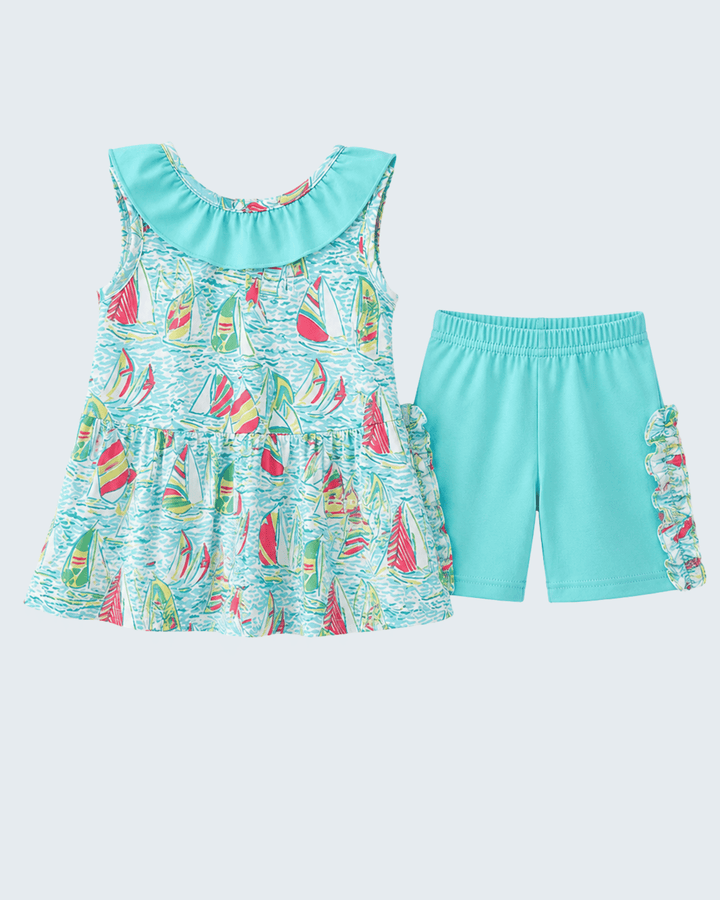 Girls Sailboat Print Ruffle Shorts Set