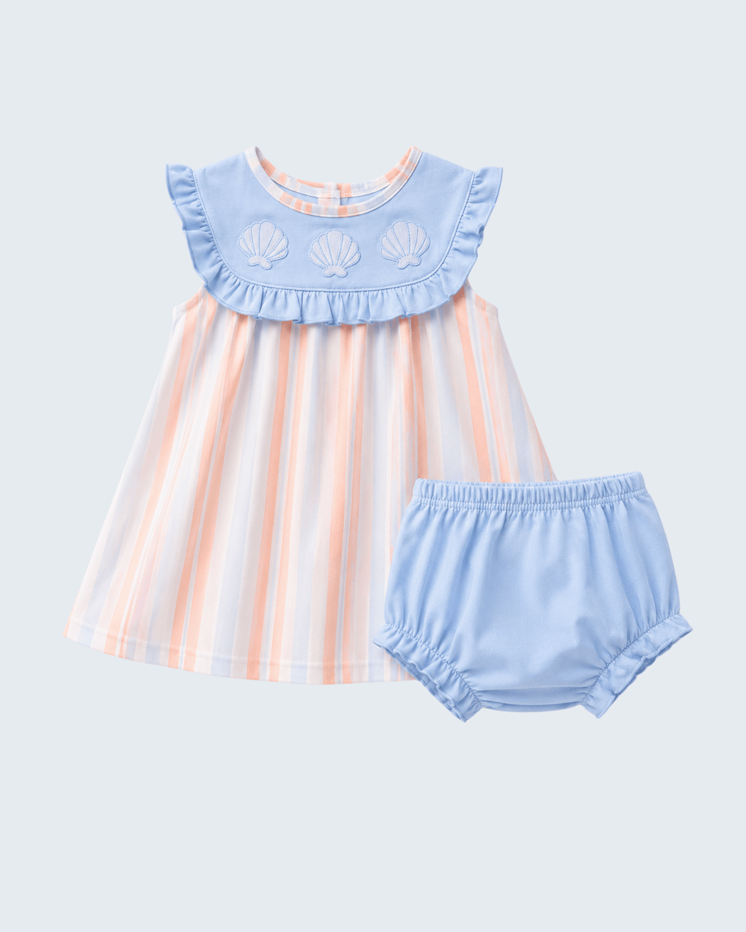 Seashell stripe embroidered bloomer set: blue ruffle top, shell embroidery, striped dress &amp; bloomers