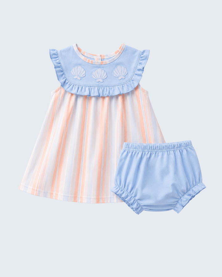 Seashell stripe embroidered bloomer set: blue ruffle top, shell embroidery, striped dress &amp; bloomers