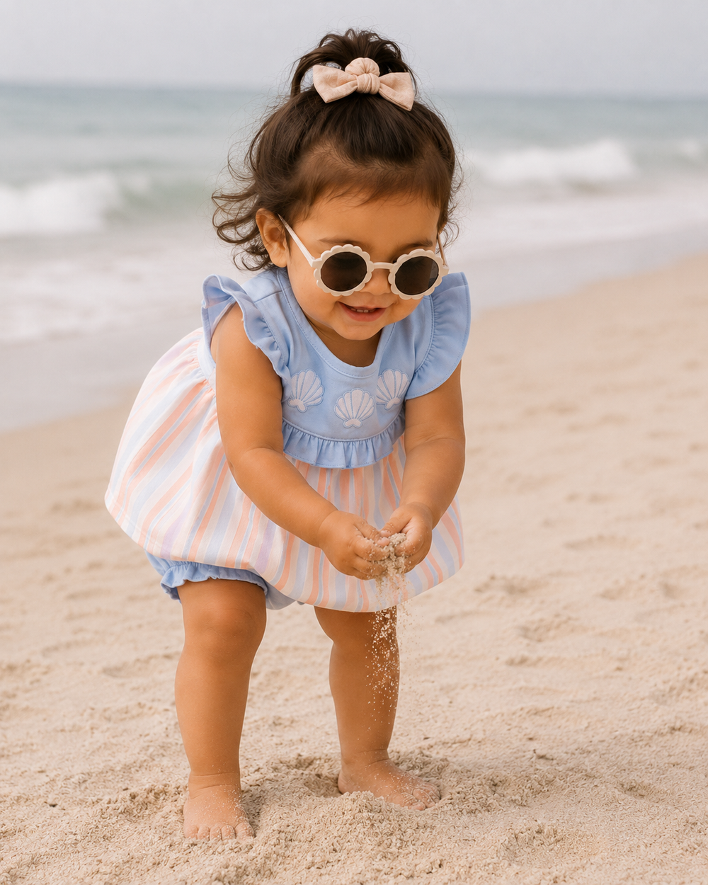 Seashell stripe embroidered bloomer set on toddler: blue ruffle dress with shell embroidery, bloomers