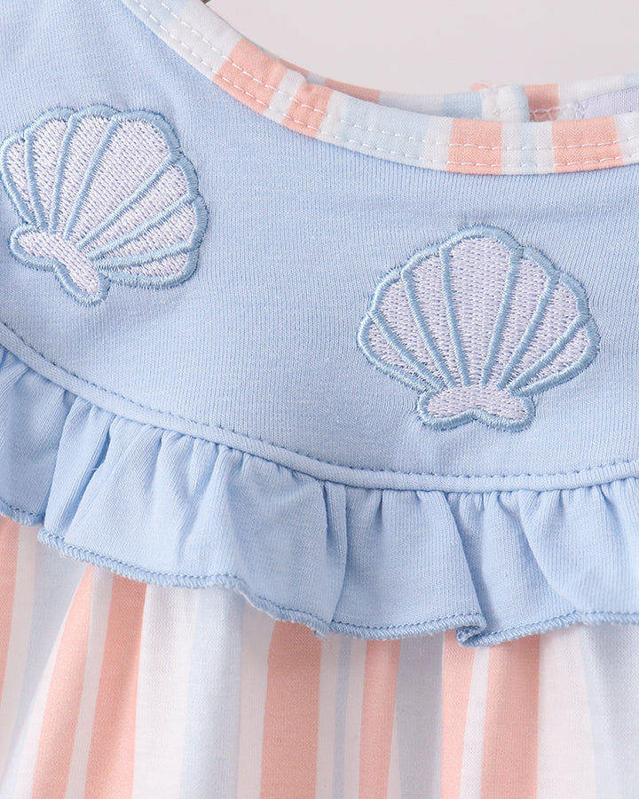 Light blue ruffle neckline with seashell embroidery and striped trim