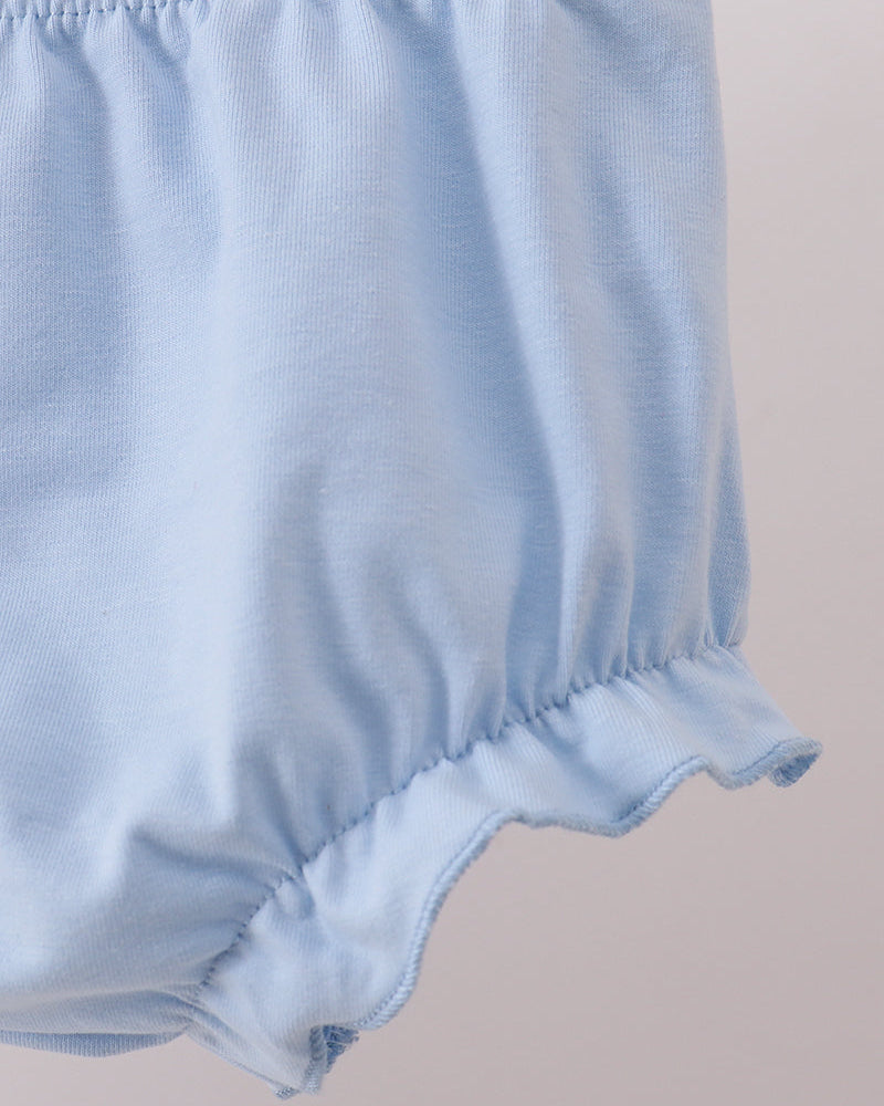 Light blue elastic-waist bloomer shorts with scalloped leg opening