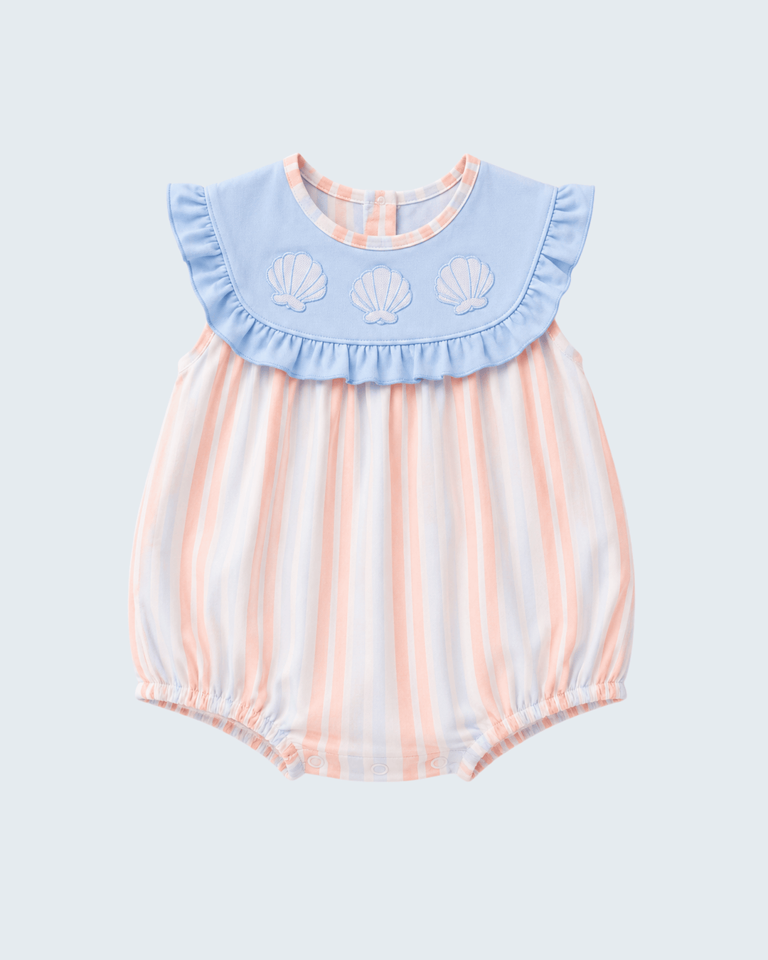 Baby bubble romper with blue ruffled collar, seashell embroidery, pastel striped fabric