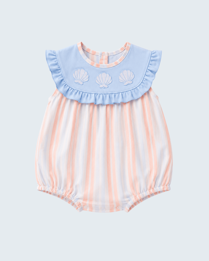 Baby bubble romper with blue ruffled collar, seashell embroidery, pastel striped fabric