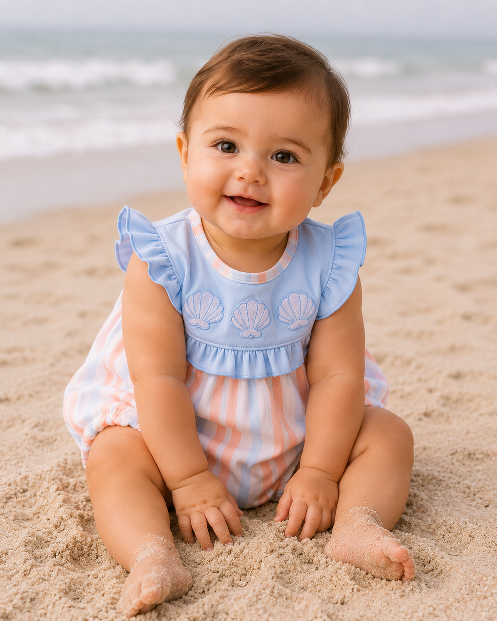 Baby bubble romper on child, blue ruffled collar, seashell embroidery, pastel stripe shorts