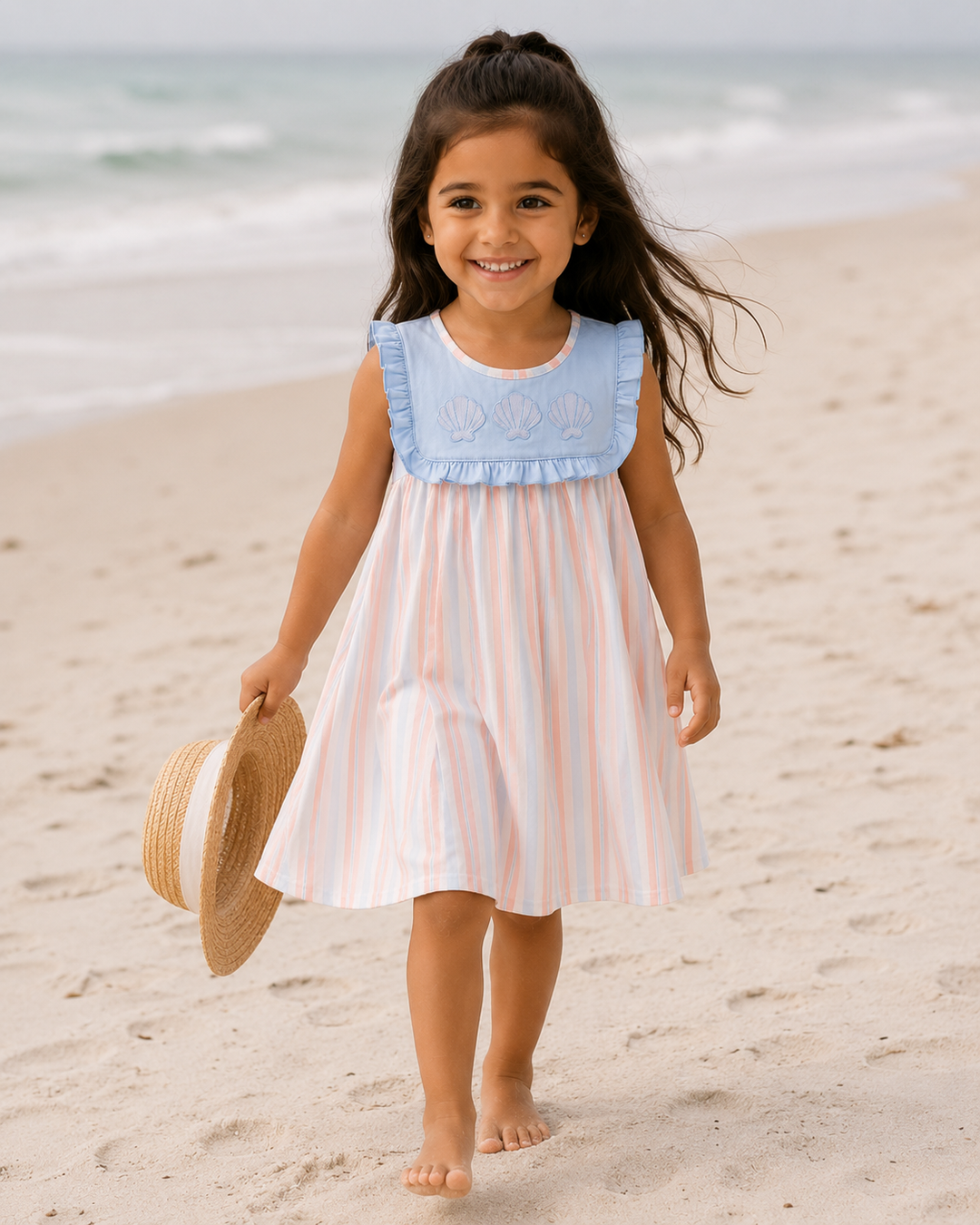Girls sleeveless dress with blue shell-embroidered ruffle and peach-white striped skirt