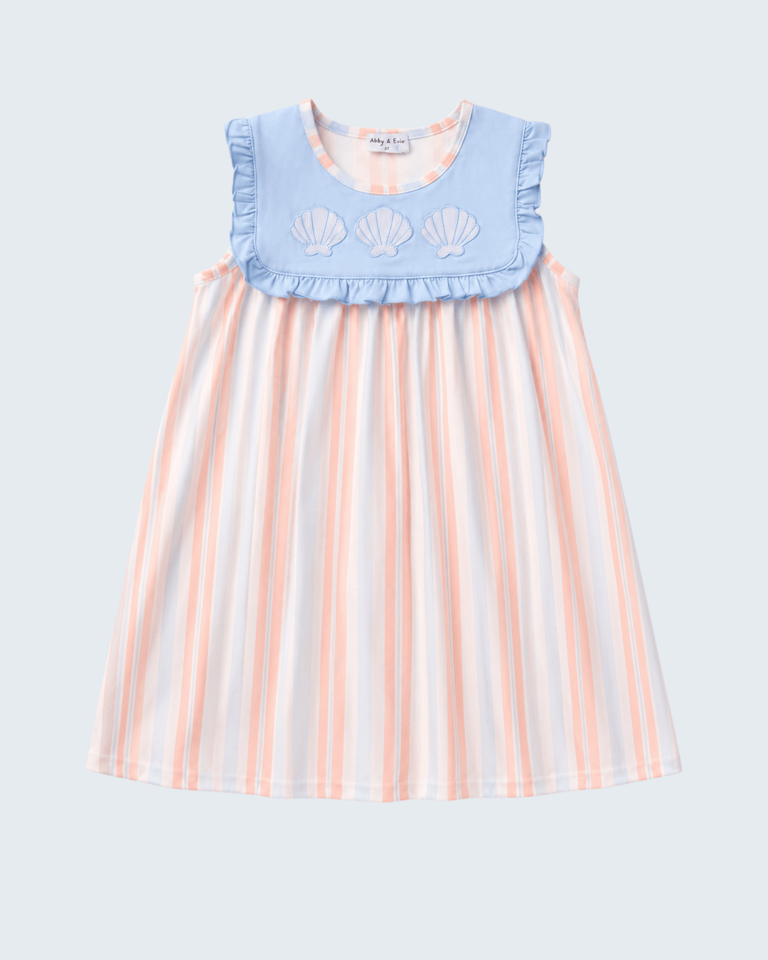 Sleeveless girls dress with blue shell-embroidered ruffle yoke, peach-and-white striped skirt