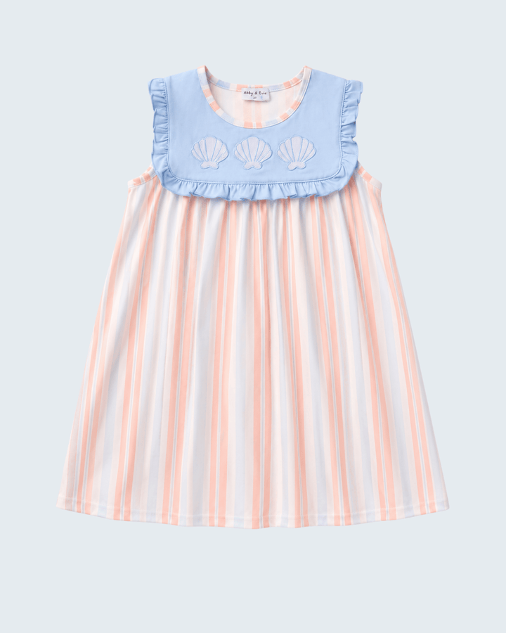 Sleeveless girls dress with blue shell-embroidered ruffle yoke, peach-and-white striped skirt