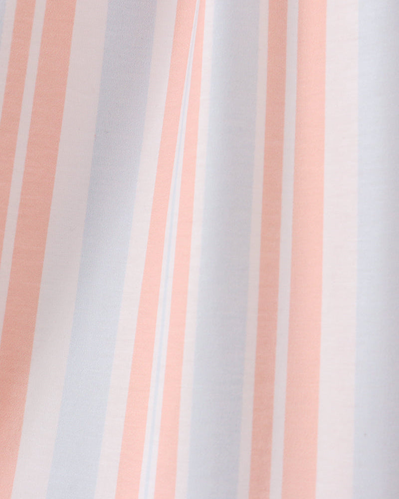 Sleeveless skirt with coral, white, and pale blue vertical stripes