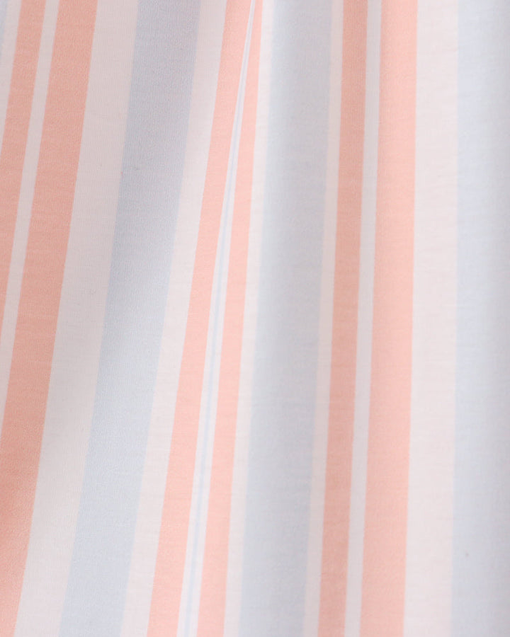 Sleeveless skirt with coral, white, and pale blue vertical stripes